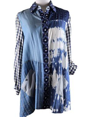 John Mark Artsy Loose Fit Patchwork Button Boho Top S Blue White Button Pockets